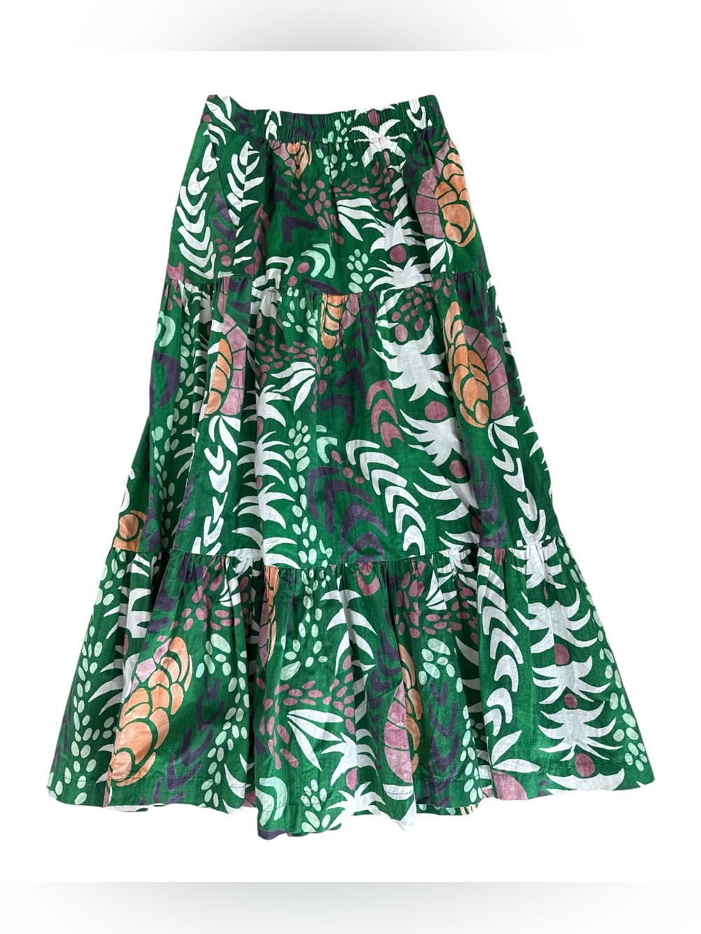 Oliphant Green Tropical Tiered Maxi Skirt with White & Tan Accents